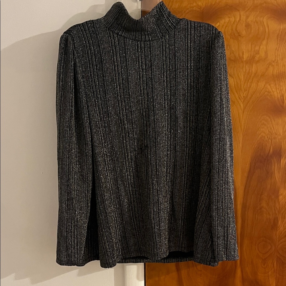 Shimmer silver Black and Gray Striped Turtleneck Sweater 1X
